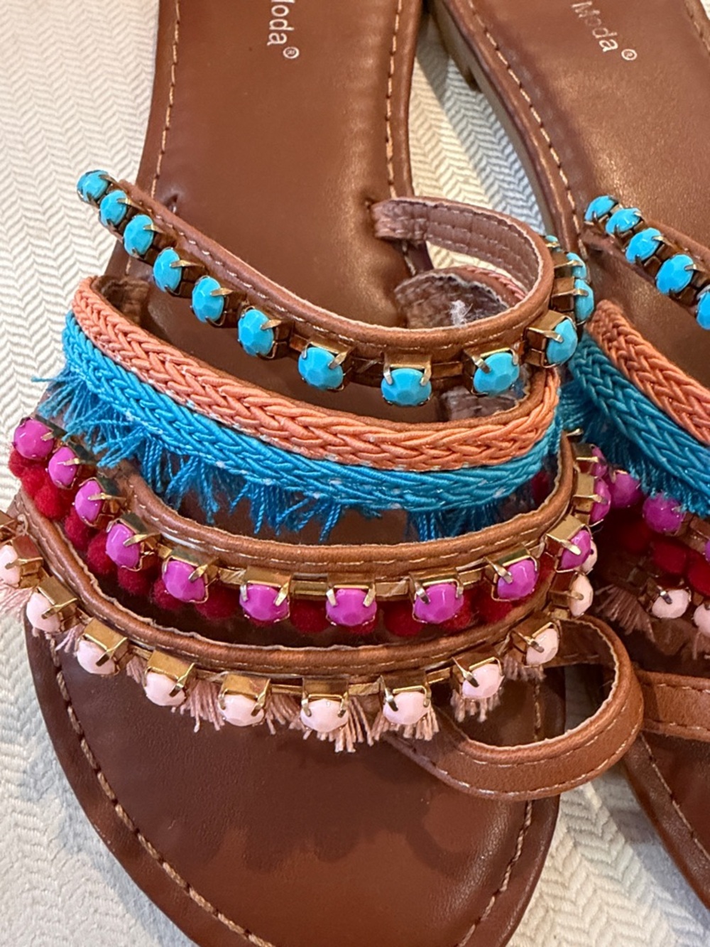 TOP Moda Brown Slide Sandals with Multicolor Pom-Pom Trim